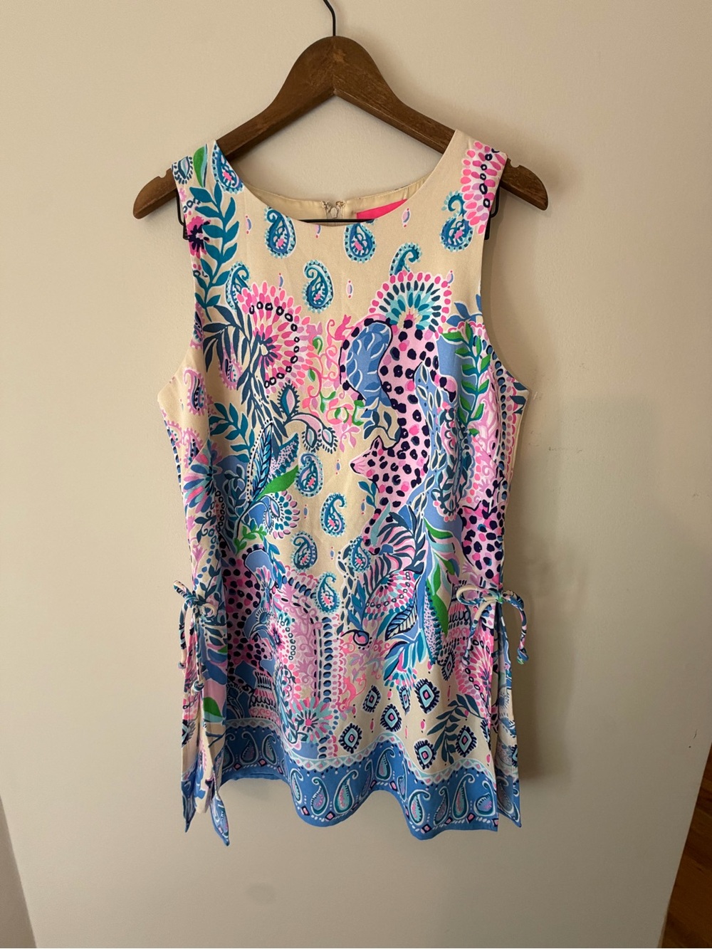 Lilly Pulitzer Cream Pink Blue Print Mini Dress, Side Ties, Size 12, Like New